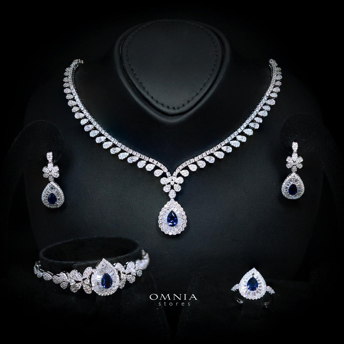 Valerie Blue Luxury Bridal Full Set in High-Quality Rhodium-Plated Finish with Premium Zircon Stones