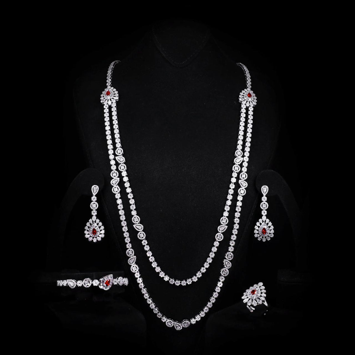 Omnia Ahad Bridal Red Long Chain Set in Rhodium Plated With High-Quality Zircon Stones