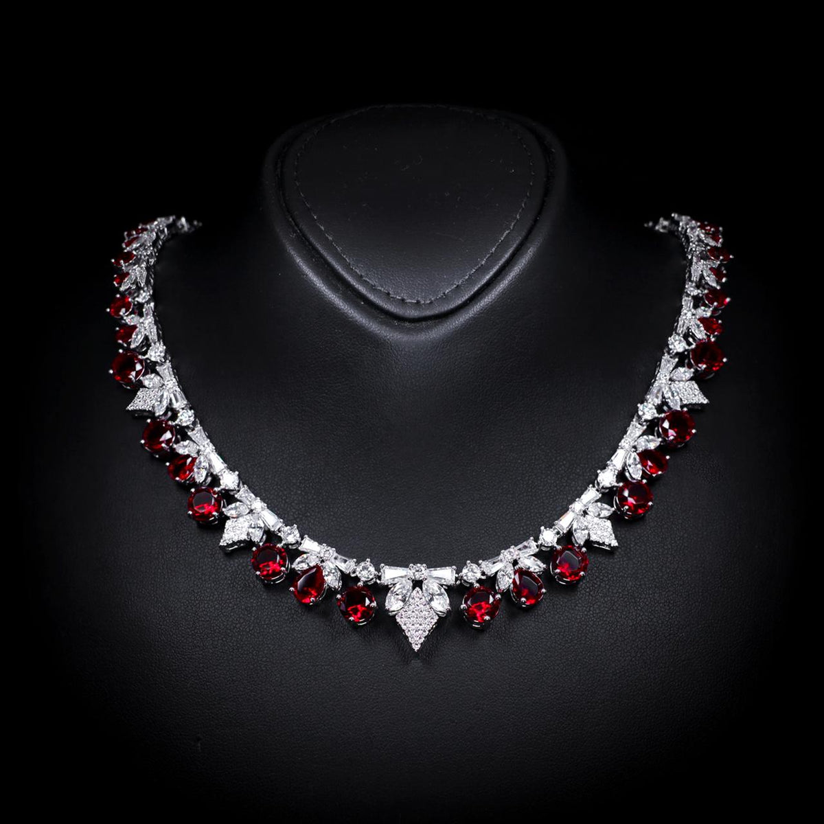 Vionna Red Luxury Bridal Necklace with High-Quality Zircon Stones Rhodium-Plated Finish