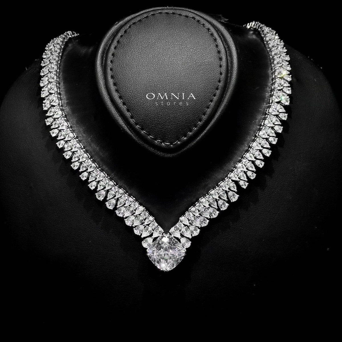 Omnia Adrielle White V-Cut Necklace in 925 Silver with Graduated Pear-Cut High-Quality Simulated Diamonds - OMNIASTORES UAE