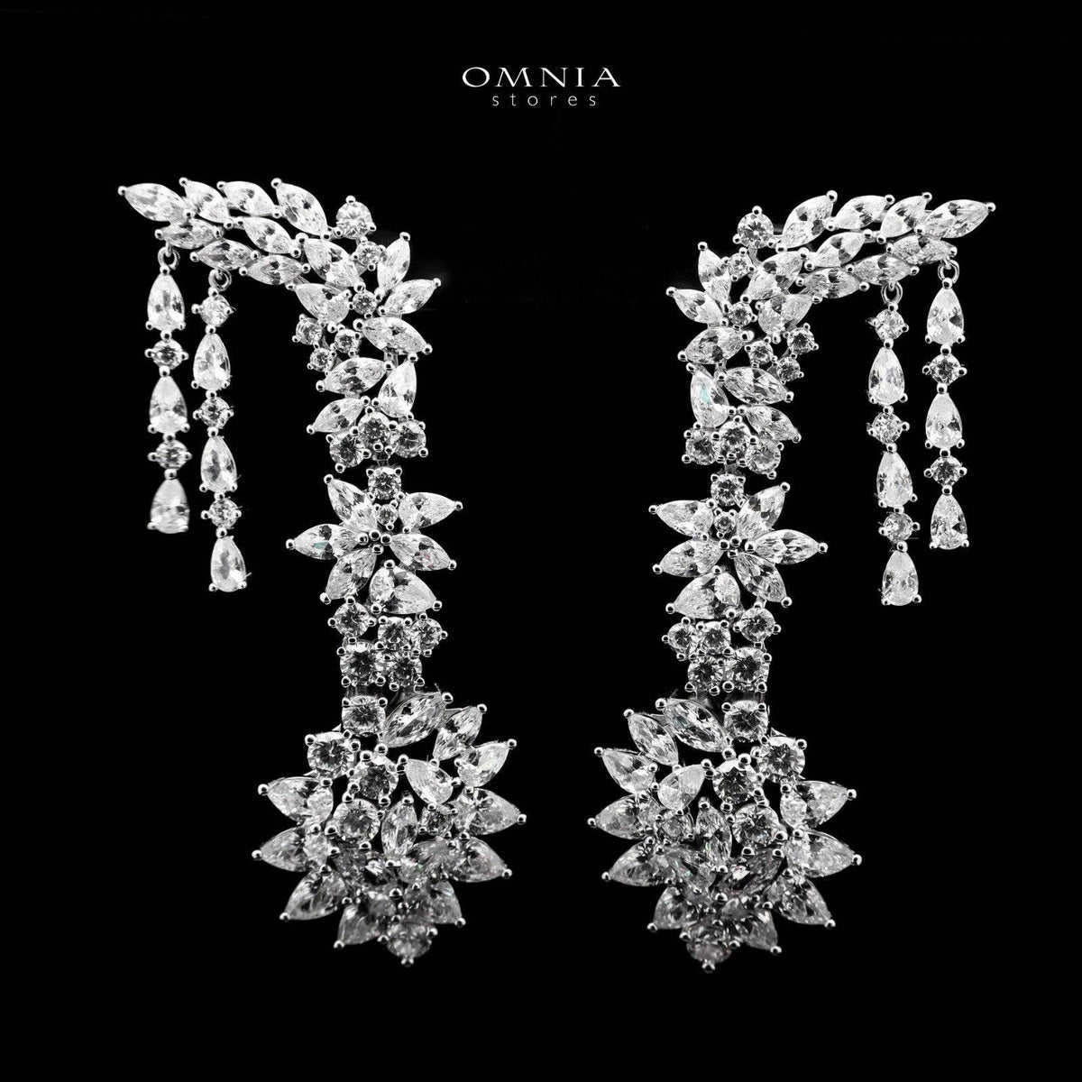 Omnia Aurora Marquise Cut Crescent Stud Earrings in High Quality Zircon Stone Rhodium Plated - OMNIASTORES UAE