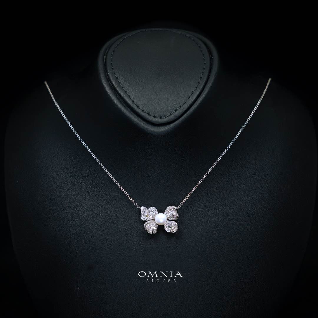 Omnia Pearl Butterfly Necklace in 92.5 Silver with High Quality Simulated Diamonds