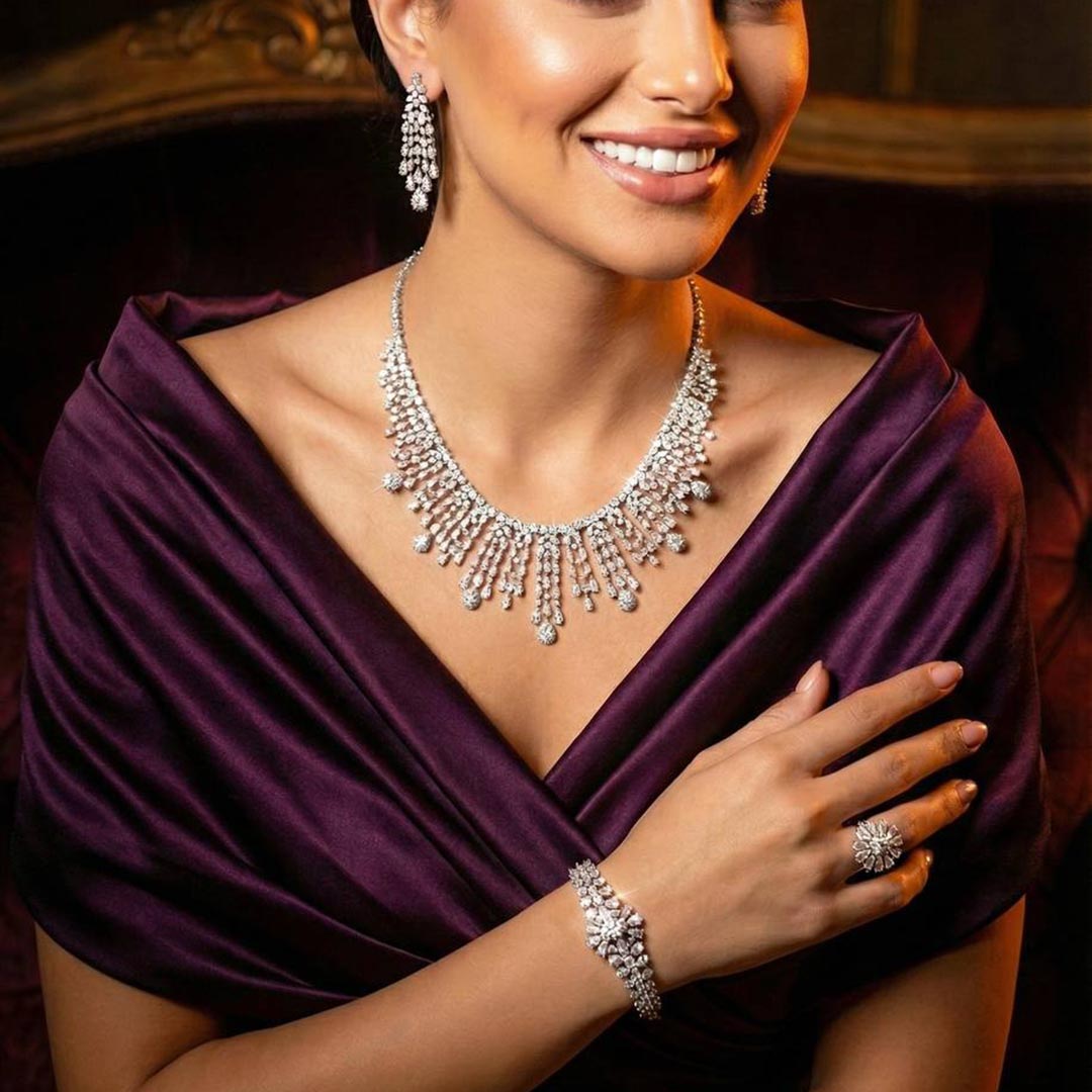 Omnia Adila White Luxury Bridal Full Set in High Quality Zircon Stone in Rhodium Plated - OMNIASTORES UAE
