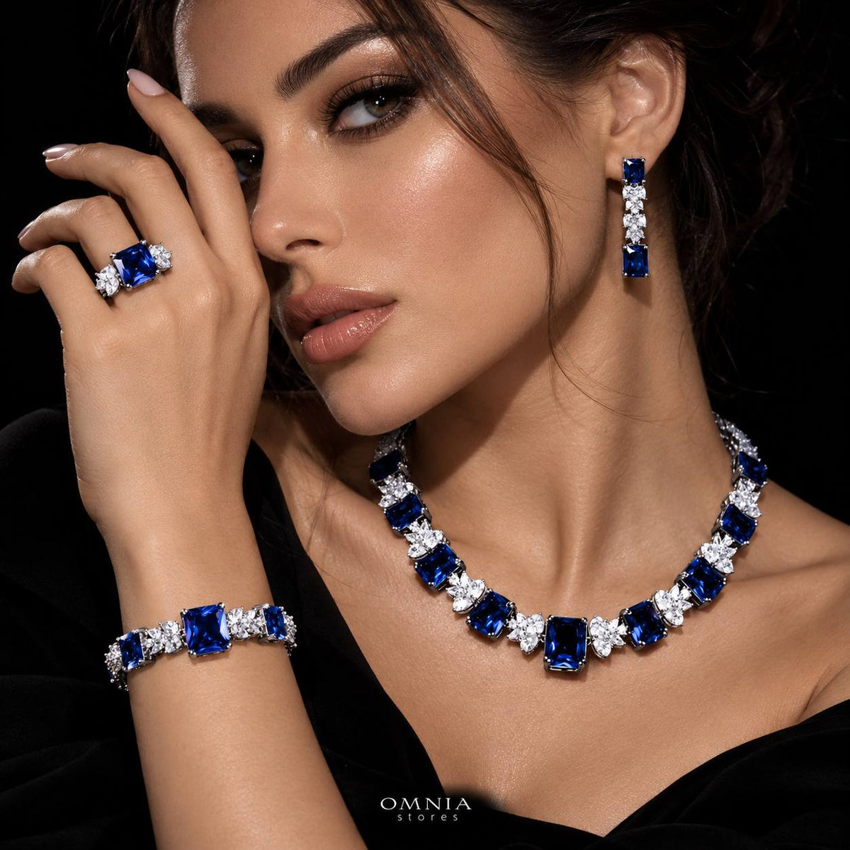 Omnia Amelia Blue Bridal Full Set in High Quality Simulated Diamonds Premium Rhodium Plated