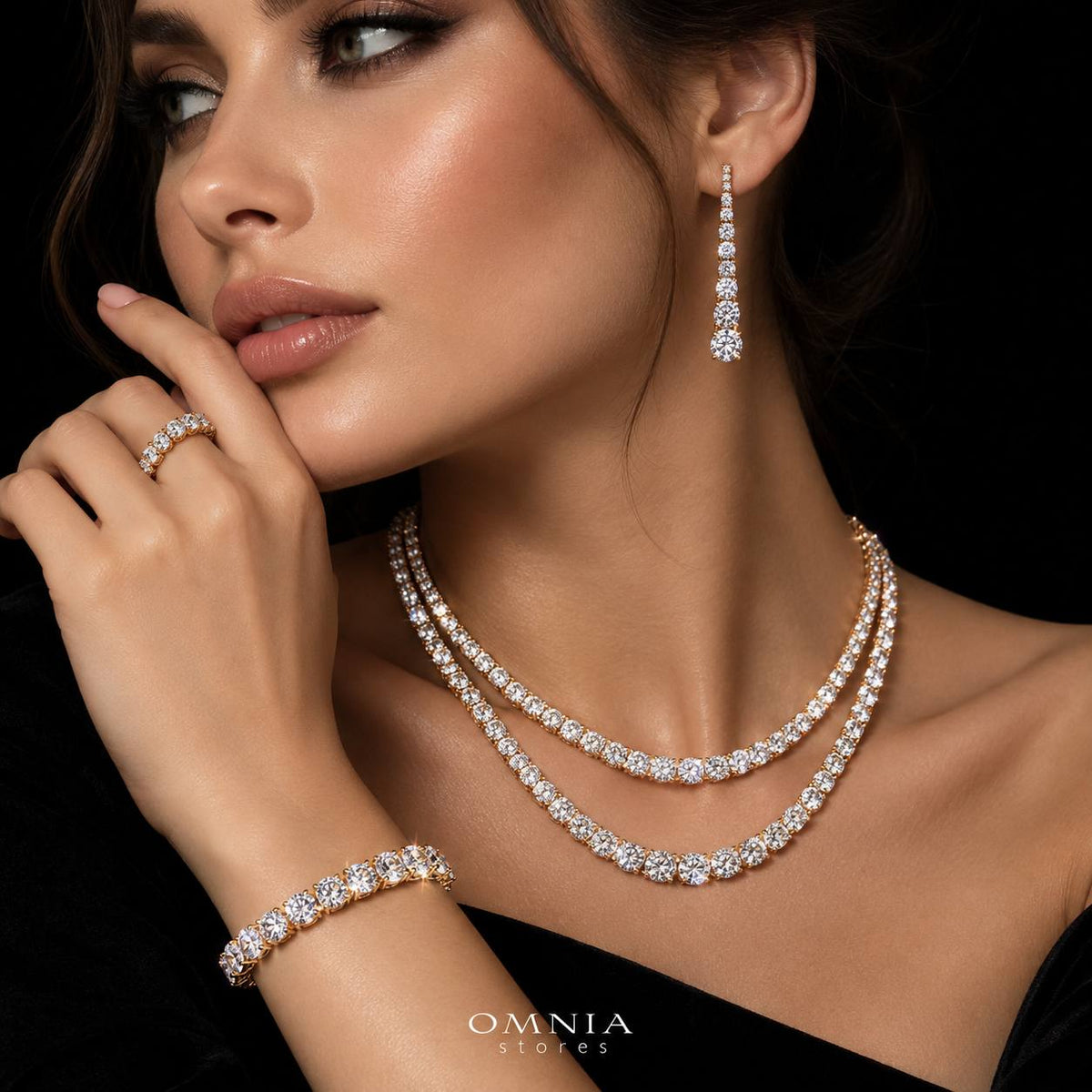 Omnia Ansa Gold Large Size Luxury Bridal Full Set in High Quality Simulated Diamonds Rhodium Plated