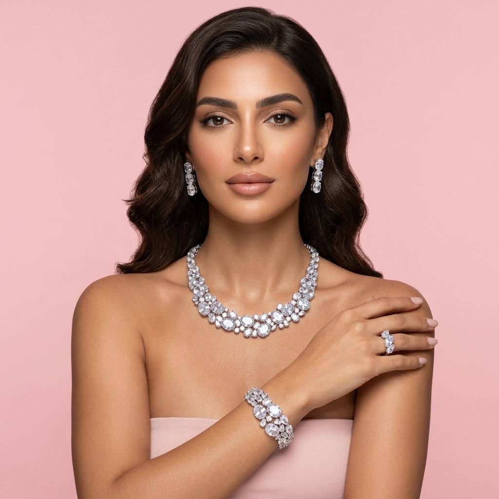 طقم زفاف "أومنيا أرتيميس" الأبيض الفاخر، مرصع بأحجار ألماس مقلدة عالية الجودة بقصتي دائري وبيضاوي، ومطلي بالروديوم الممتاز.