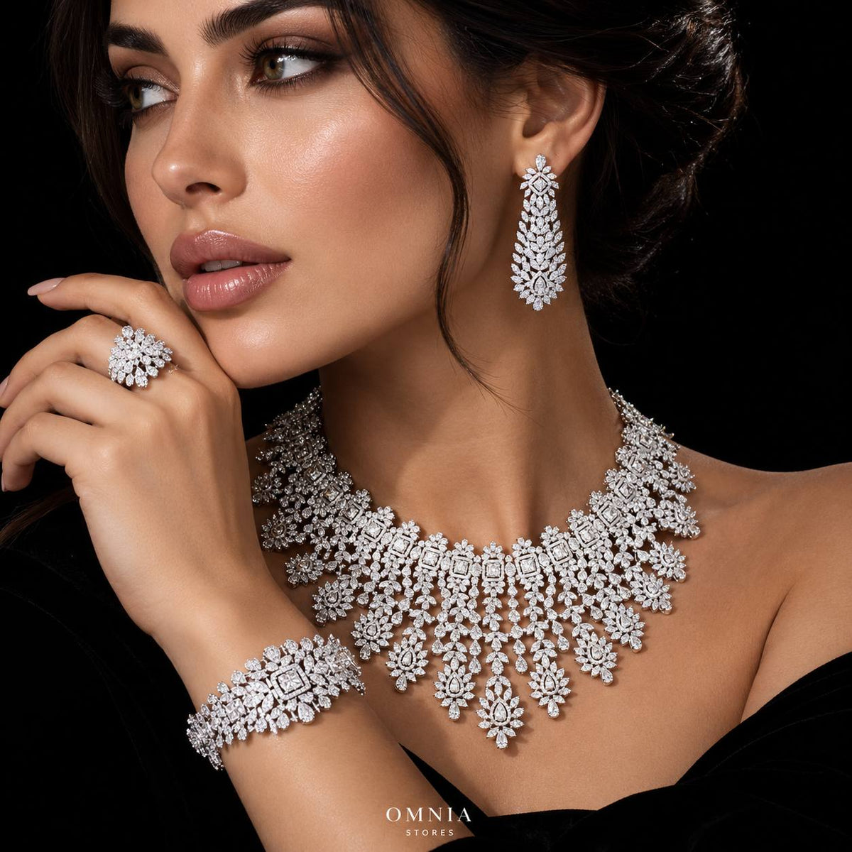 Omnia Asal White Luxury Bridal Full Set in High Quality Zircon Stone Premium Rhodium Plated