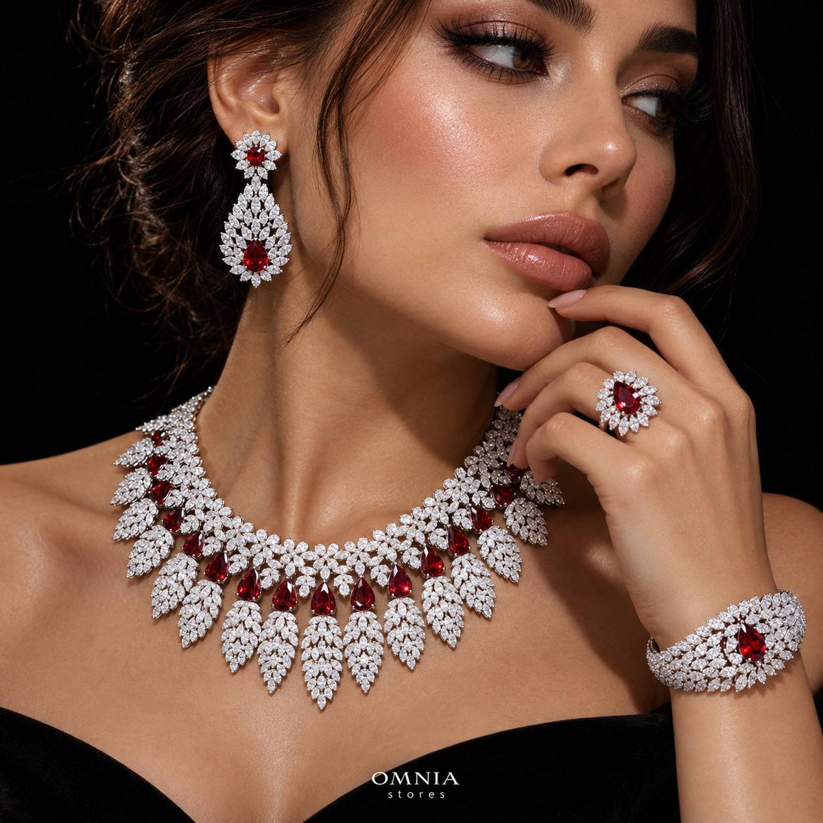 Omnia Asrar Red Bridal Full Set in High Quality Zircon Stone Premium Rhodium Plated