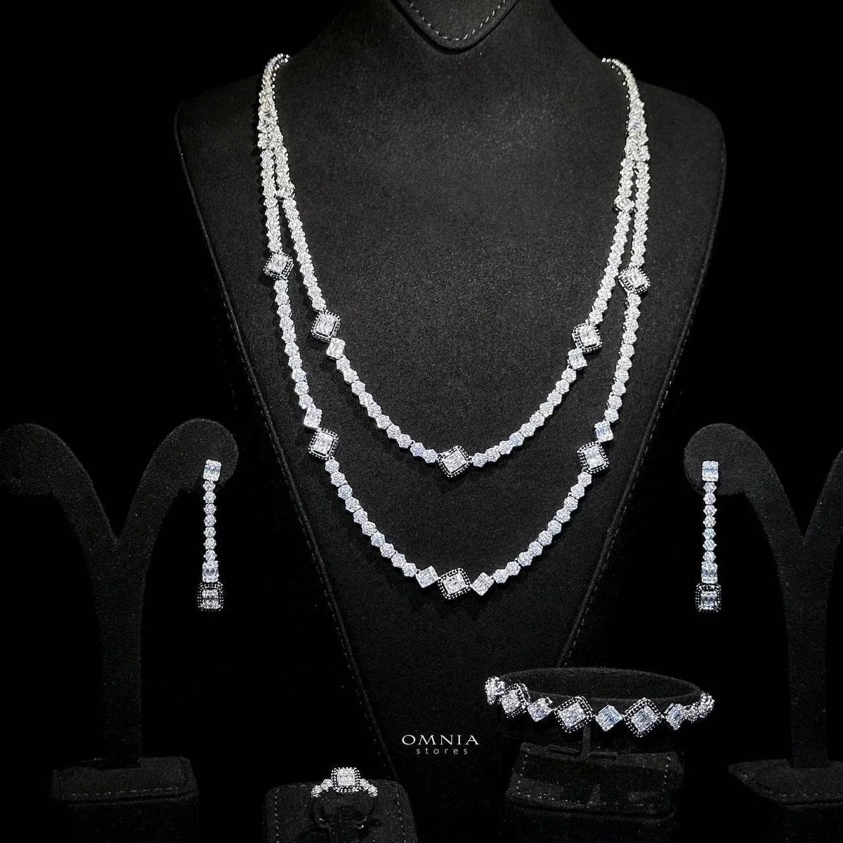 Omnia Thekra Bridal Black & White Long chain Set Accessories High Quality Zircon Stone In Rhodium Plated - OMNIASTORES UAE