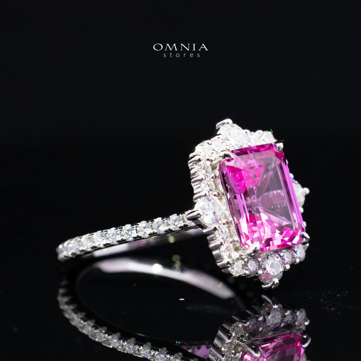 Nuwaira Lab-Grown Pink Sapphire Emerald-Cut Ring (8x11mm) with GRC Certificate in 925 Sterling Silver