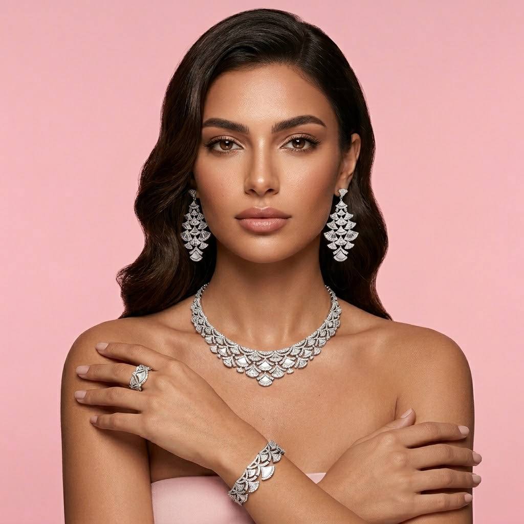 Omnia Bita White Bridal Full Set in High Quality Zircon Stone in Rhodium Plated