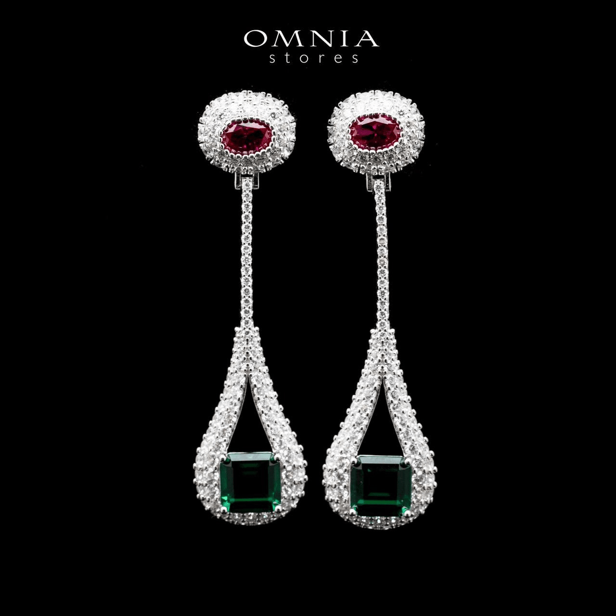 Omnia Sabah Oval and Emerald Cut Long Drop Earrings in 92.5 Silver with High Quality Simulated Diamonds - OMNIASTORES UAE