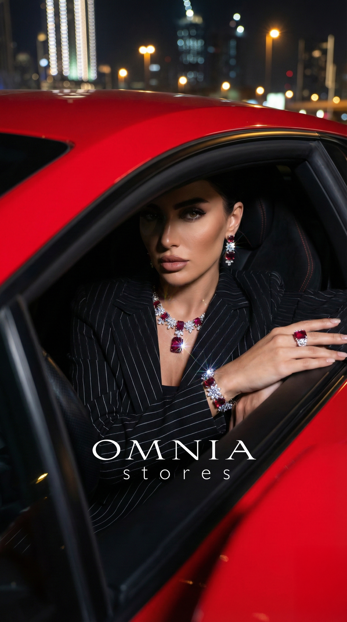 Omnia Charlene Red Bridal Full Set with Radiant and Pear-Cut High Quality Simulated Diamonds Premium Rhodium Plated - OMNIASTORES UAE