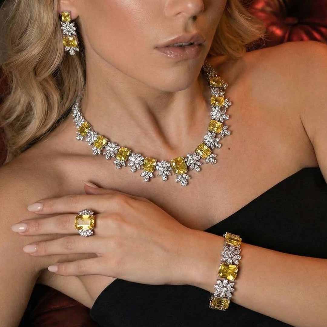 Omnia Charlotte Yellow Luxry Bridal Full Set with Emerald and Pear-Cut High Quality Simulated Diamonds Premium Rhodium Plated - OMNIASTORES UAE