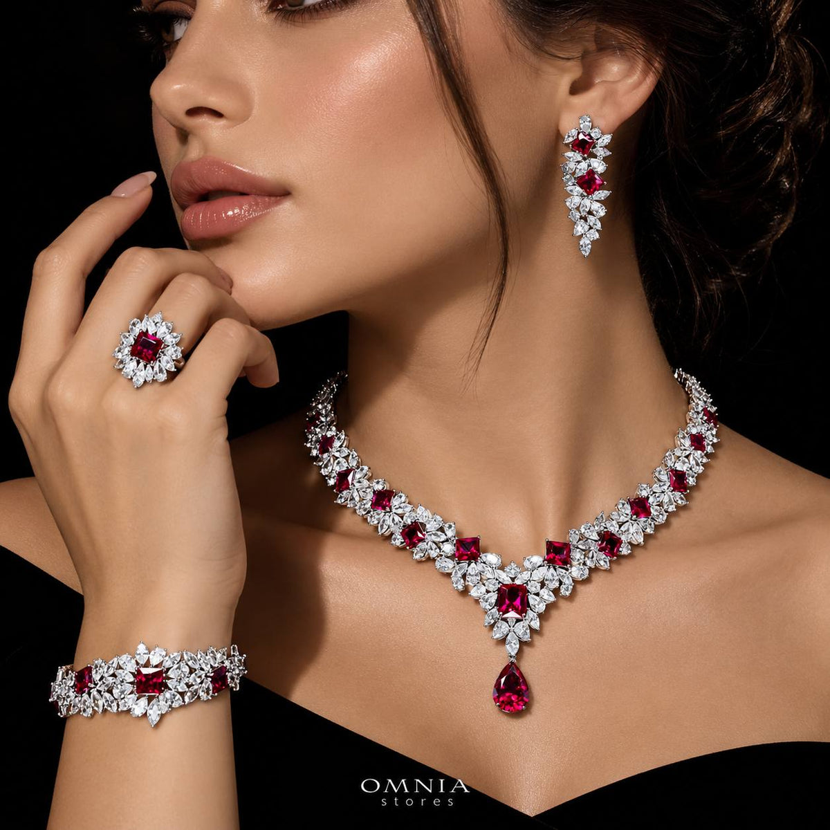 Omnia Christine Red Luxury Bridal Full Set In High Quality Zircon Stone Premium Rhodium Plated