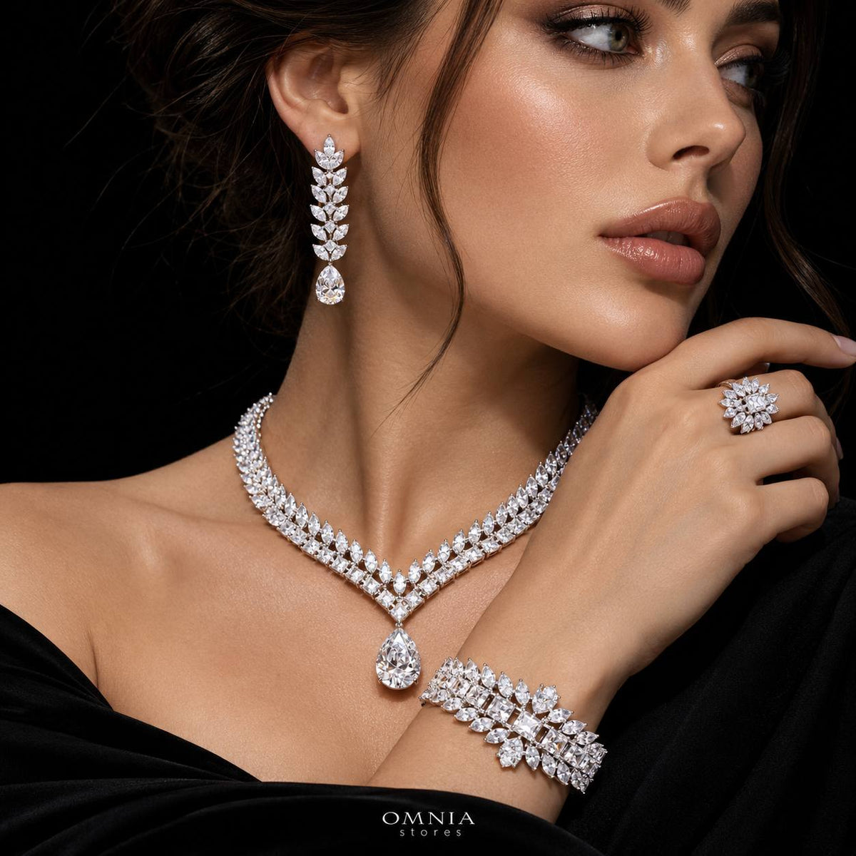 Omnia Dalal Bridal White Full Set with Teardrop Design in High Quality Zircon Stone Premium Rhodium Plated