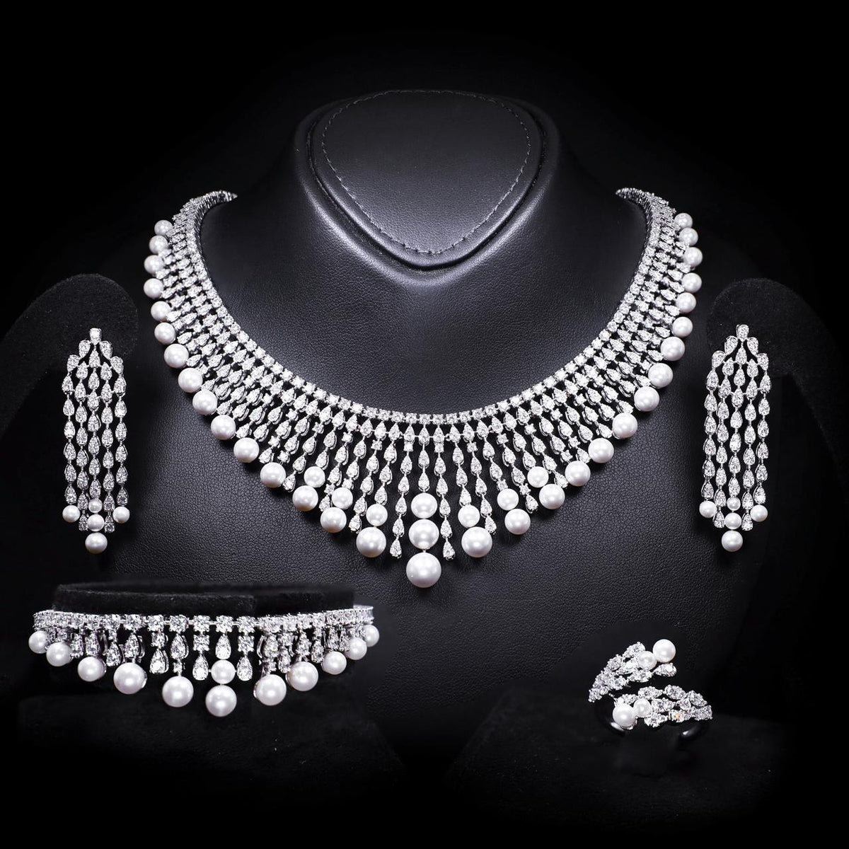 Darma White Pearl Luxury Bridal Full Set with High-Quality Zircon Stones Rhodium Plated