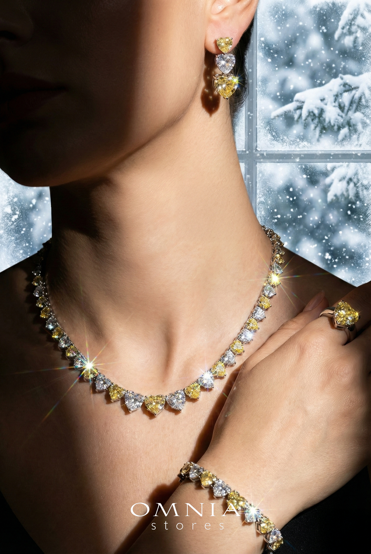 Omnia Donatella Yellow Luxury Bridal Full Set with Heart-Cut High Quality Simulated Diamonds Premium Rhodium Plated - OMNIASTORES UAE