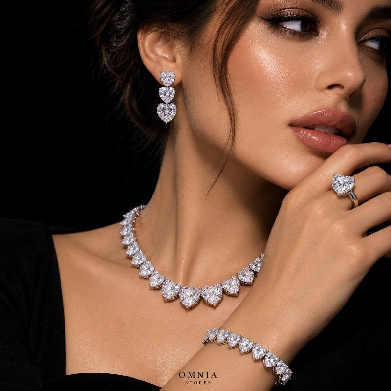 Omnia Donatella White Bridal Full Set with Heart-Cut High Quality Simulated Diamonds Premium Rhodium Plated