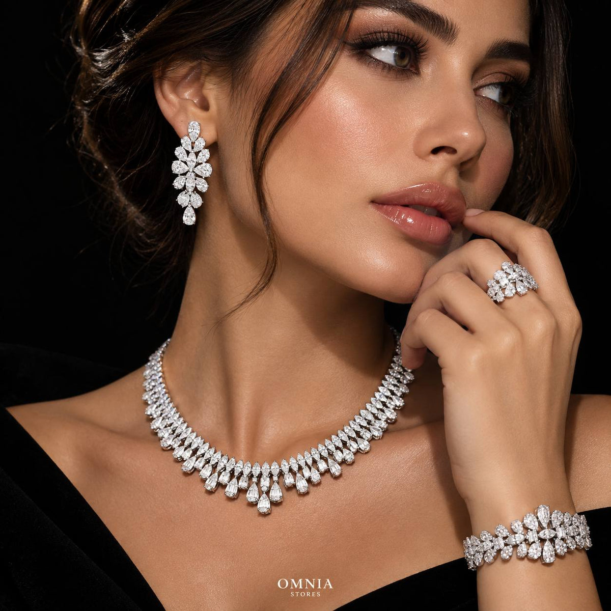 Omnia Elaf White Bridal Full Set in High Quality Zircon Stone in Rhodium Plated