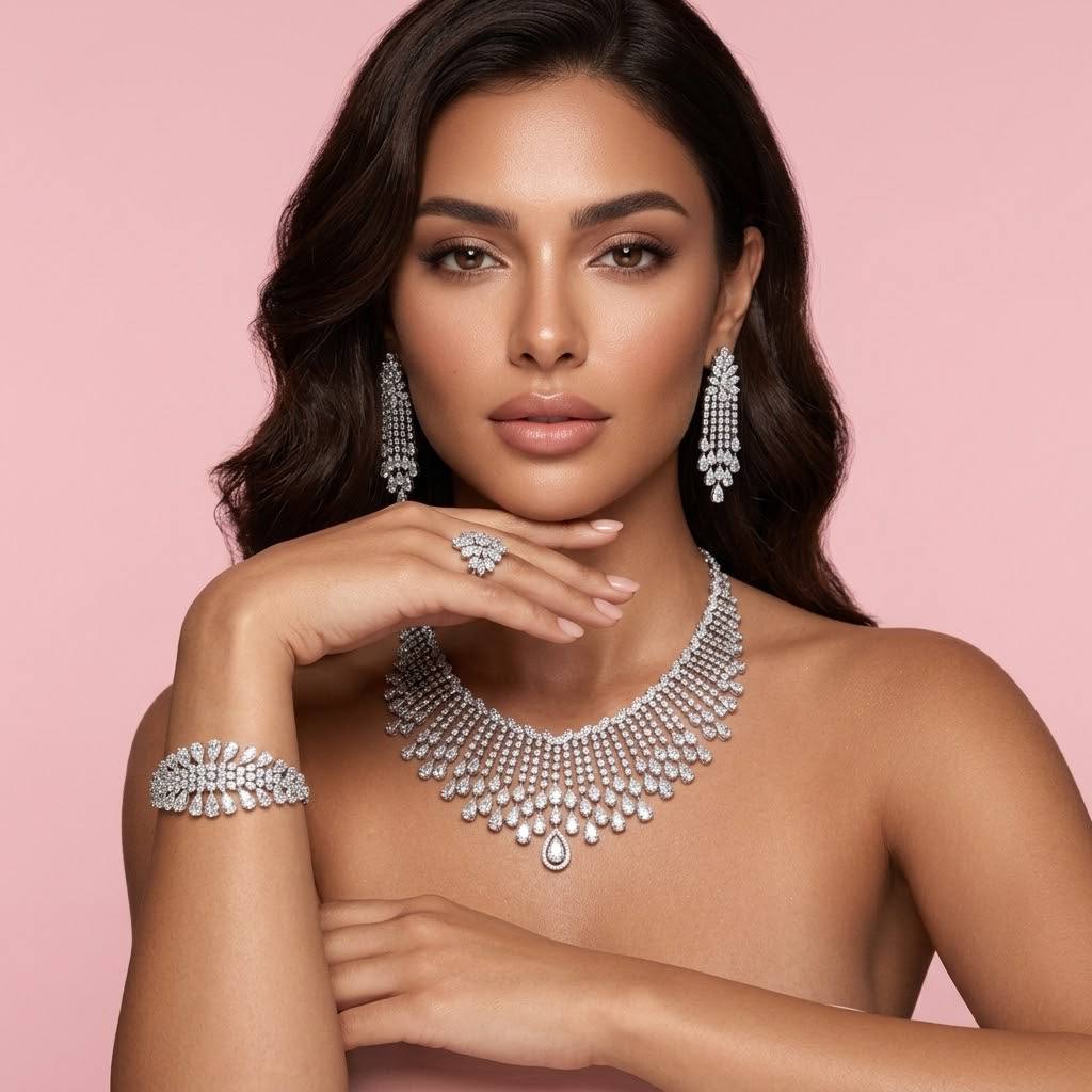 Omnia Elvina White Luxury Bridal Full Set in High Quality Zircon Stone in Rhodium Plated