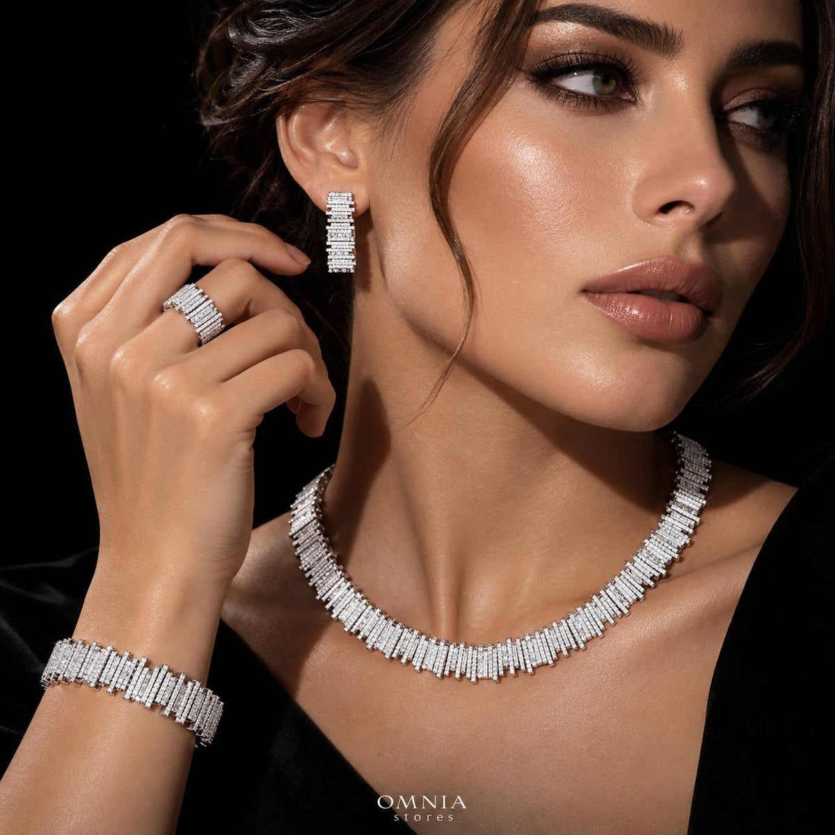 Omnia Eshaal White Bridal Full Set in High Quality Zircon Stone Premium Rhodium Plated