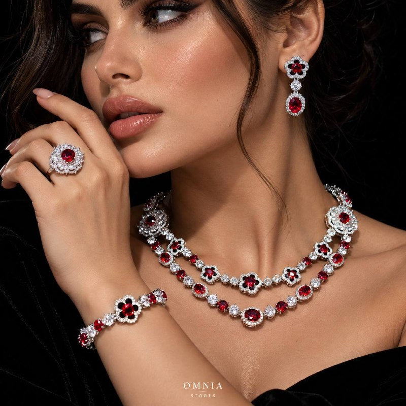 Omnia Esra Red Full Set in High Quality Simulated Diamonds Premium Rhodium Plated