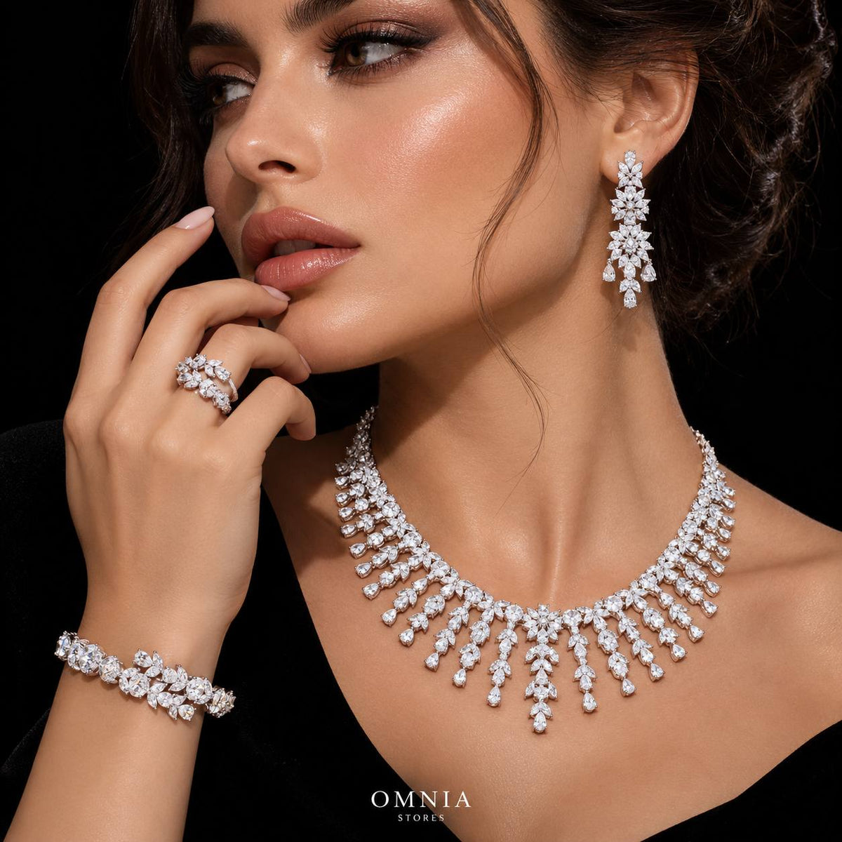 Omnia Farida White Luxury Bridal Full Set in High Quality Zircon Stone Premium Rhodium Plated
