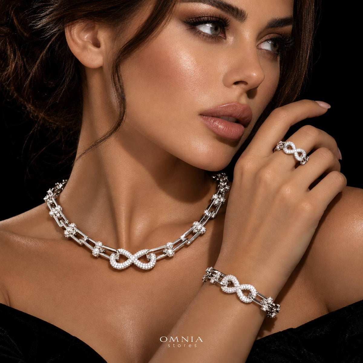 Omnia Infinity Chains Bridal Full Set with High Quality Simulated Diamonds Premium Rhodium Plated
