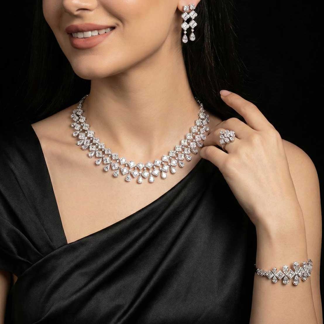 Omnia Kacey White Pearl Luxury Bridal Full Set in High Quality Zircon Stone Premium Rhodium Plated - OMNIASTORES UAE