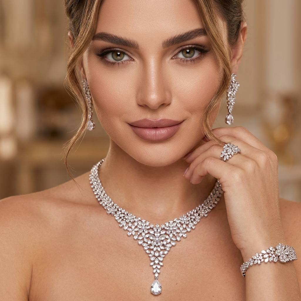 Omnia Karla White Luxury Bridal Full Set in High Quality Zircon Stone Premium Rhodium Plated
