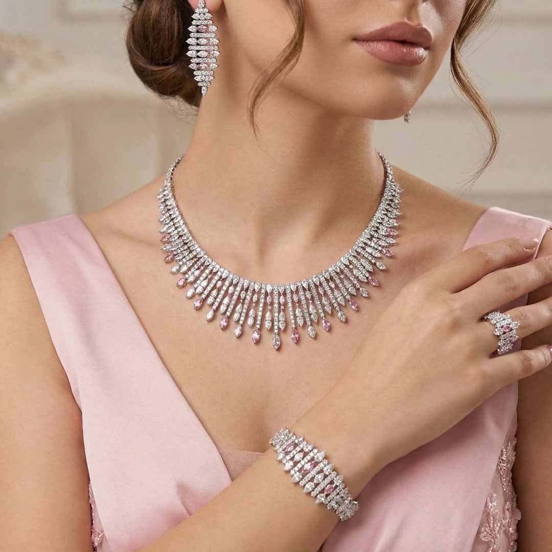 Omnia Lana Pink Bridal Full Set in High Quality Zircon Stone Premium Rhodium Plated - OMNIASTORES UAE