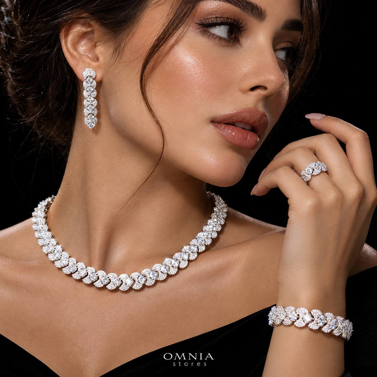 Omnia Layan White Bridal Full Set in High-Quality Zircon Stone Rhodium Plated