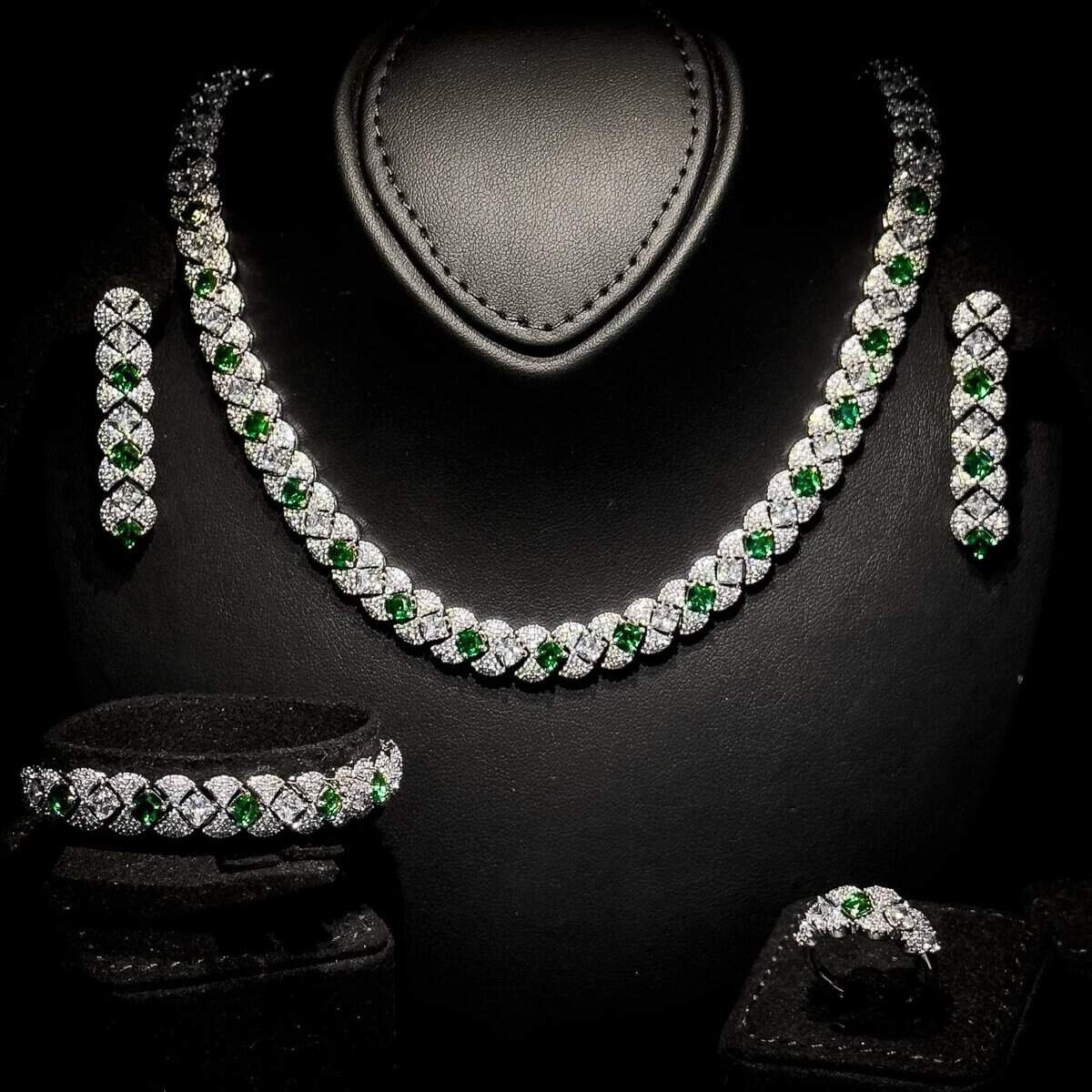 Omnia Layan Green Bridal Full Set | High-Quality Zircon Stones with Rhodium-Plated Finish