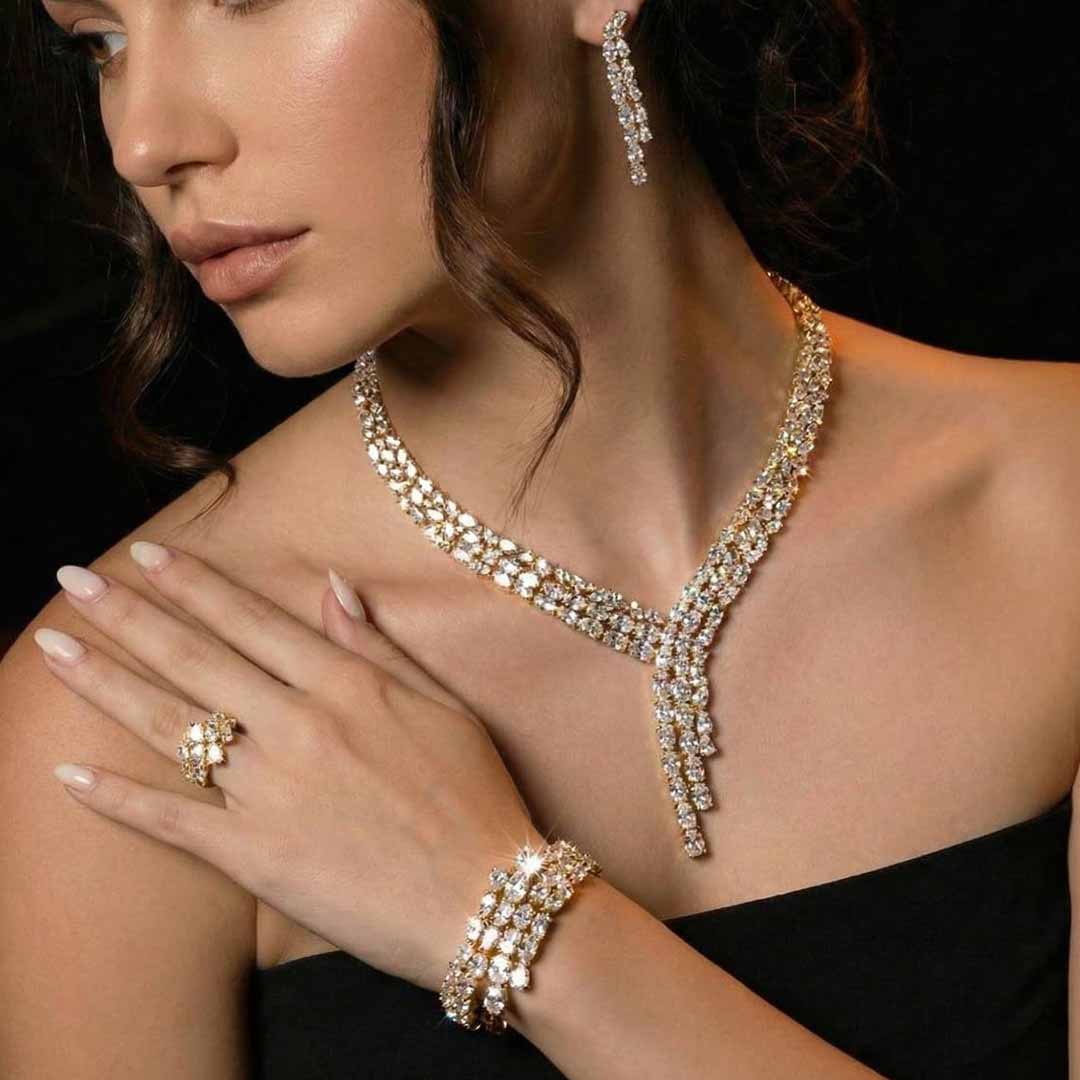 Omnia Millie Gold Luxury Bridal Full Set in High Quality Zircon Stone Premium Rhodium Plated - OMNIASTORES UAE