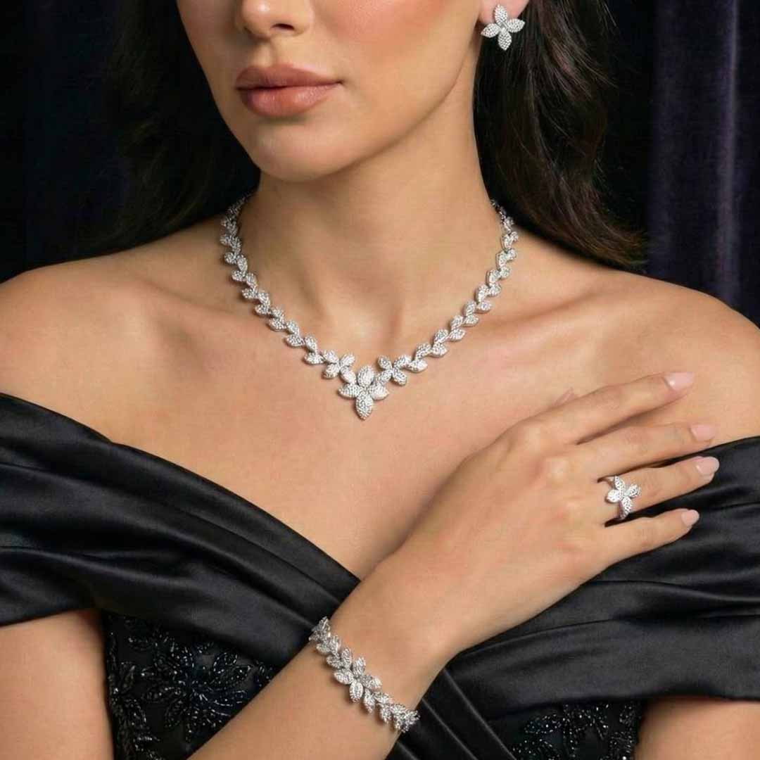 Omnia Minha Luxury White Bridal Full Set in High Quality Zircon Stone Premium Rhodium Plated - OMNIASTORES UAE