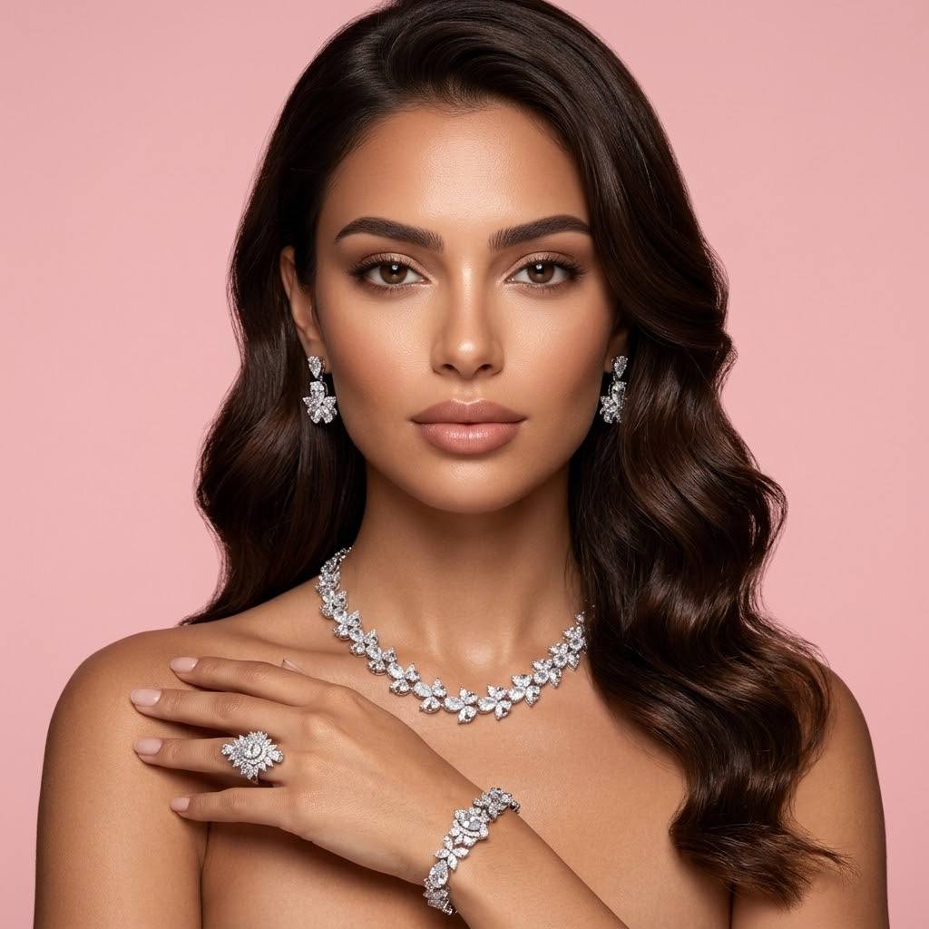 Omnia Muna White Bridal Full Set in High Quality Simulated Diamonds Premium Rhodium Plated