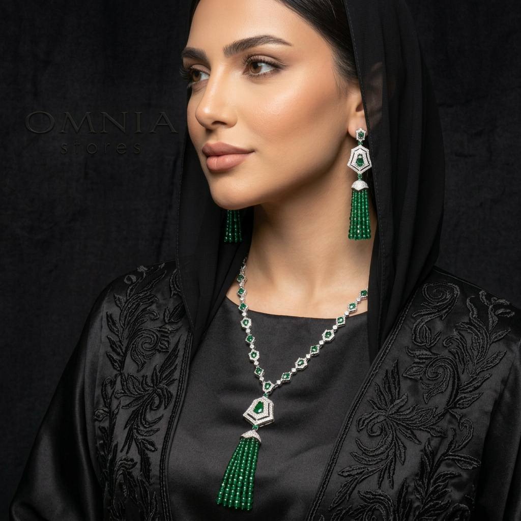 Omnia Najma Green Set in 92.5 Silver with High Quality Simulated Diamonds and Green Tassel Accents