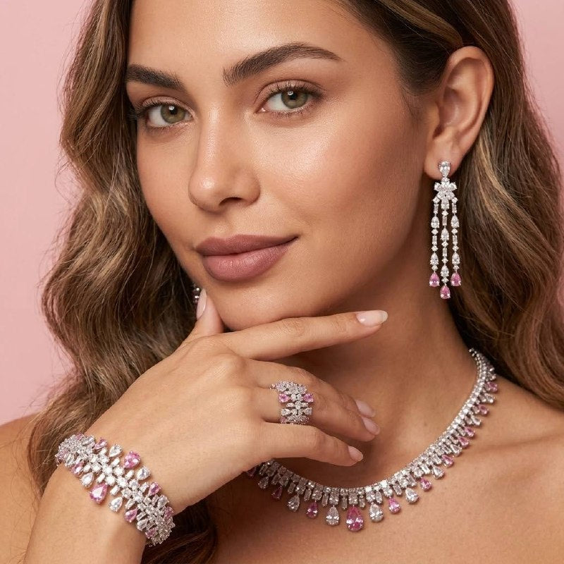 Omnia Nisrine Pink Bridal Full Set in High Quality Zircon Stone in Rhodium Plated