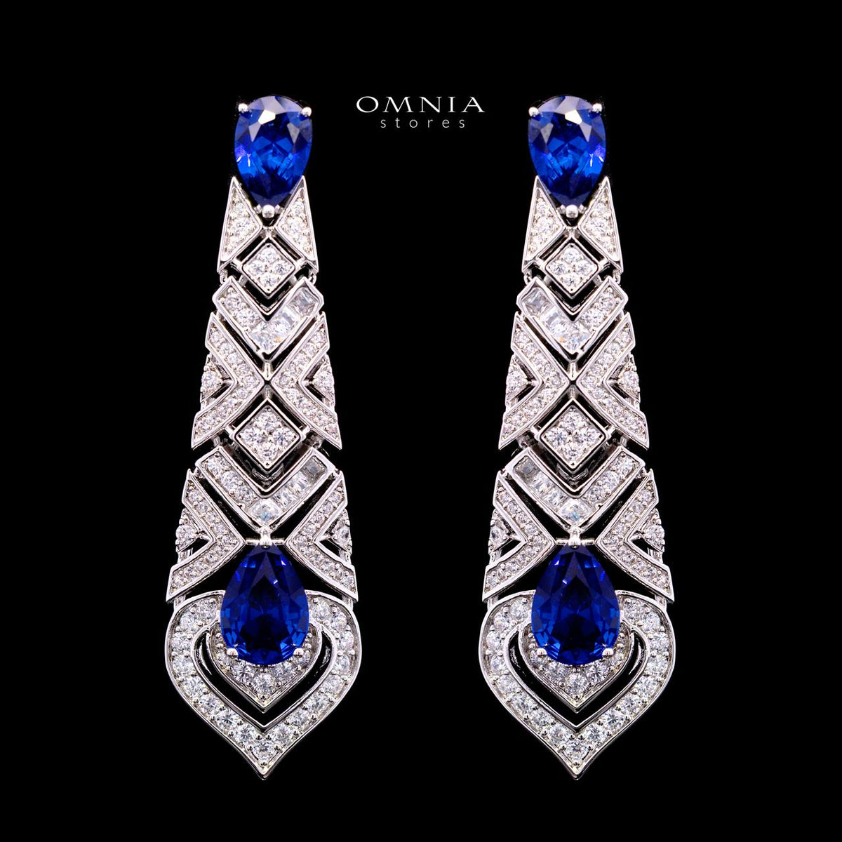 Omnia Daryan long bridal drop earrings with geometric detailing and blue zircon accents