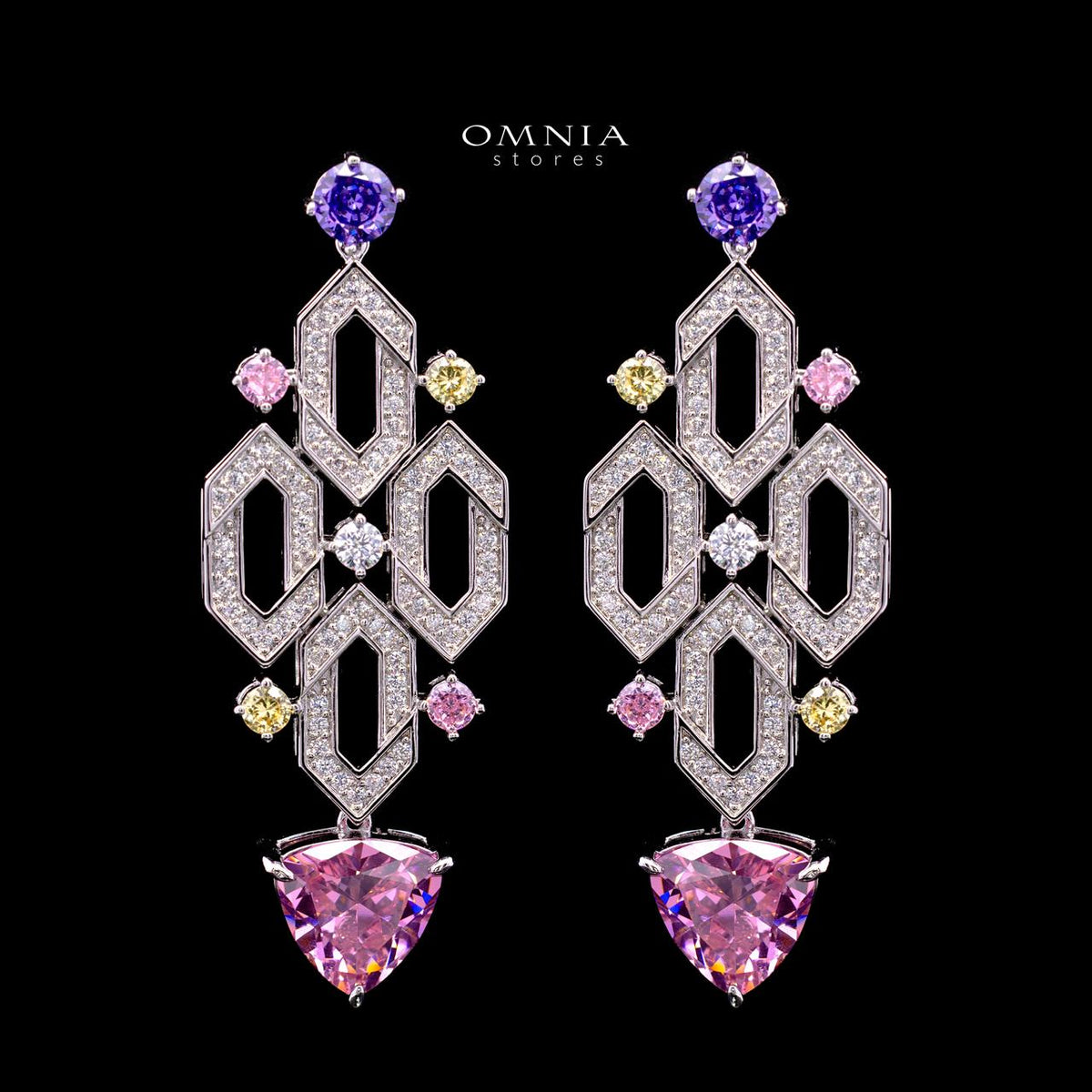 Omnia Elissa bridal earrings with multicolor zircon stones and rhodium plating