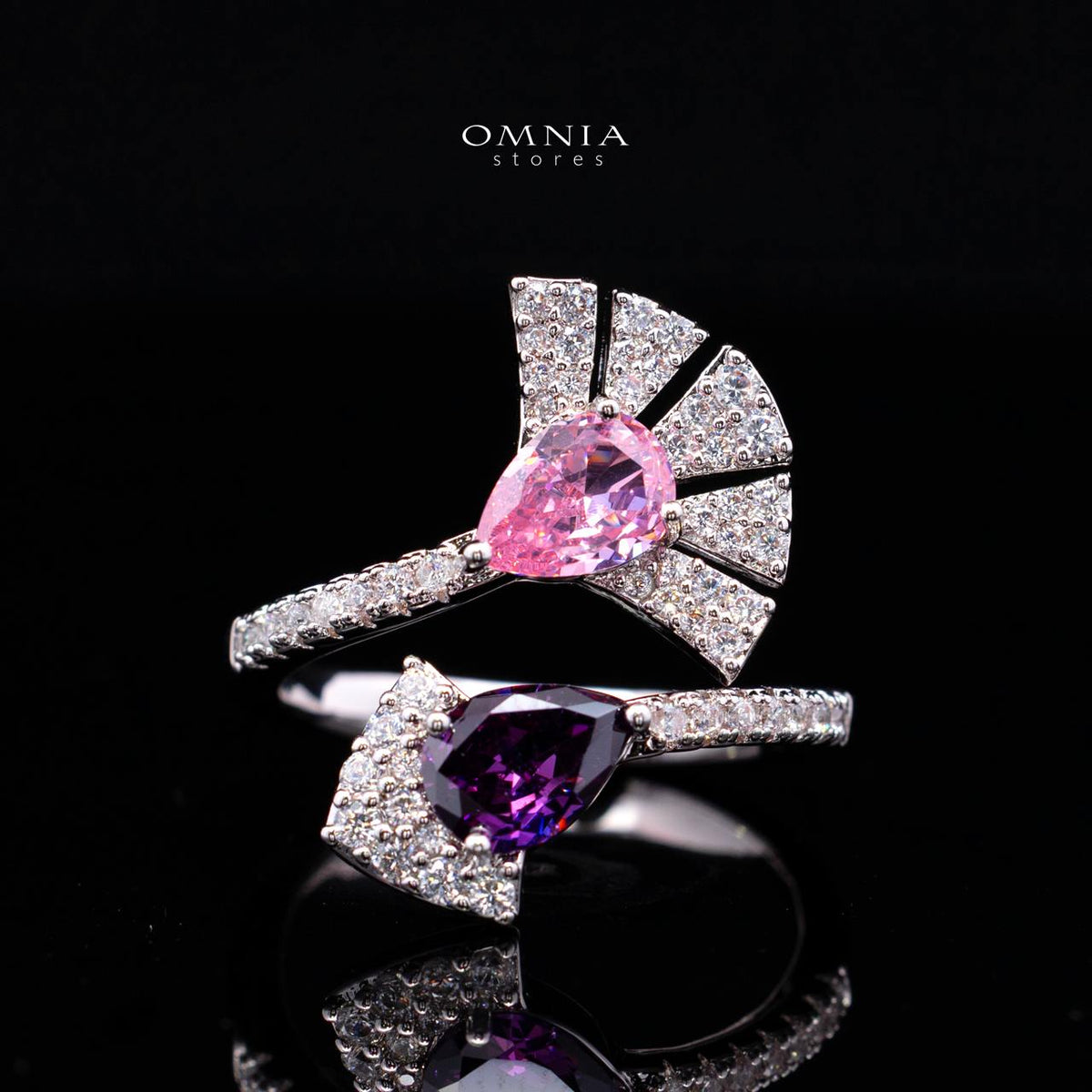 Omnia Lena bridal ring with pink and white zircon stones and rhodium plating