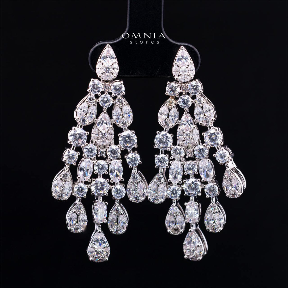 Omnia Minerva zircon bridal chandelier earrings with cascading clusters of teardrop-shaped stones