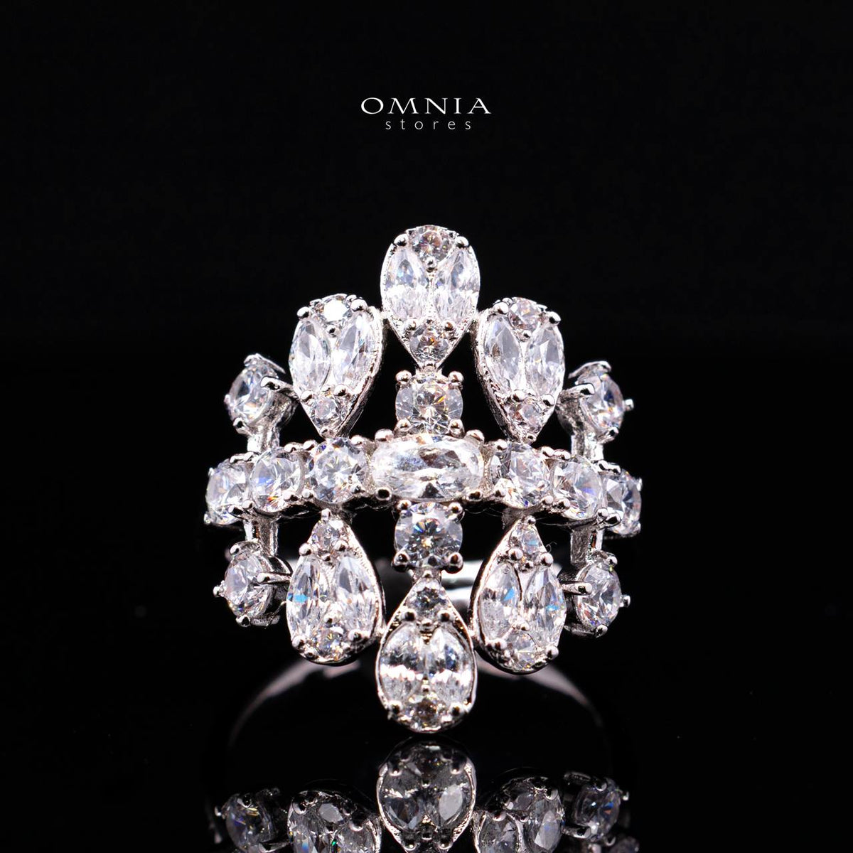 Omnia Minerva bridal statement ring with an elongated cluster of clear teardrop-shaped zircon stones