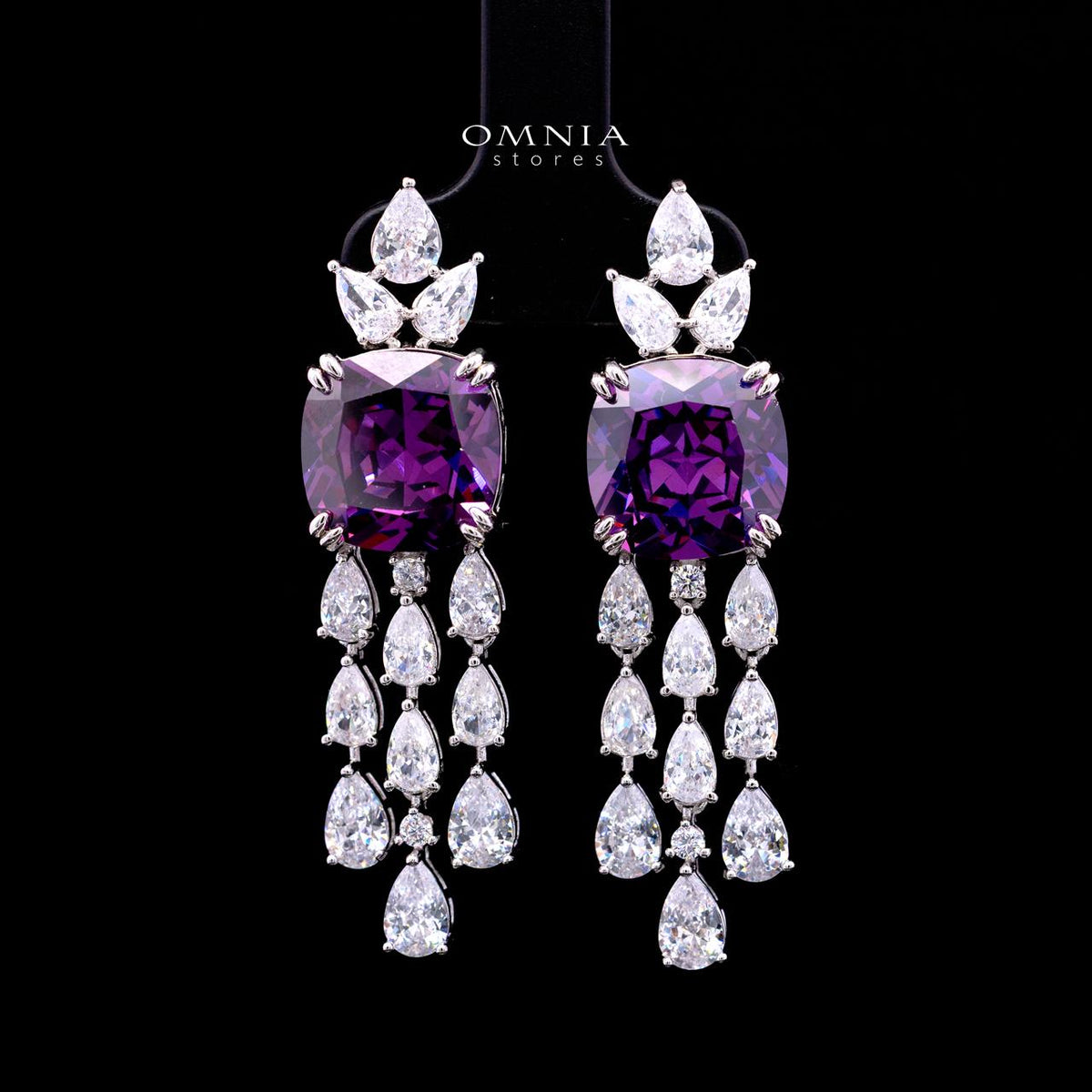 Omnia Nazaha bridal earrings with purple zircon stones and rhodium plating