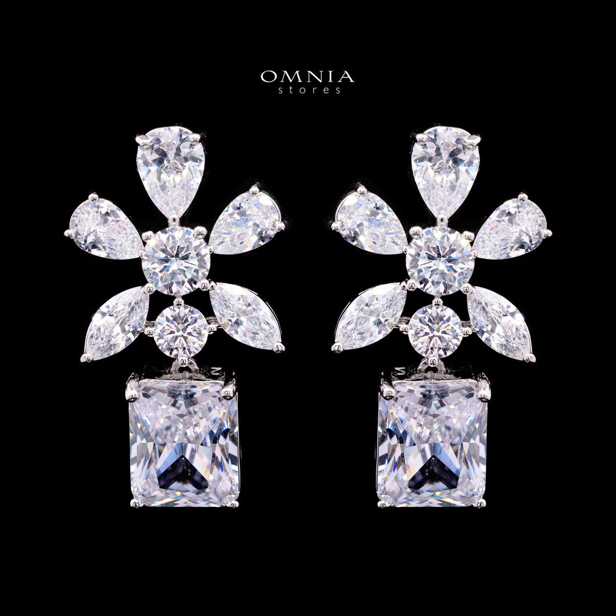 Omnia Rizza bridal earrings with white zircon stones and rhodium plating