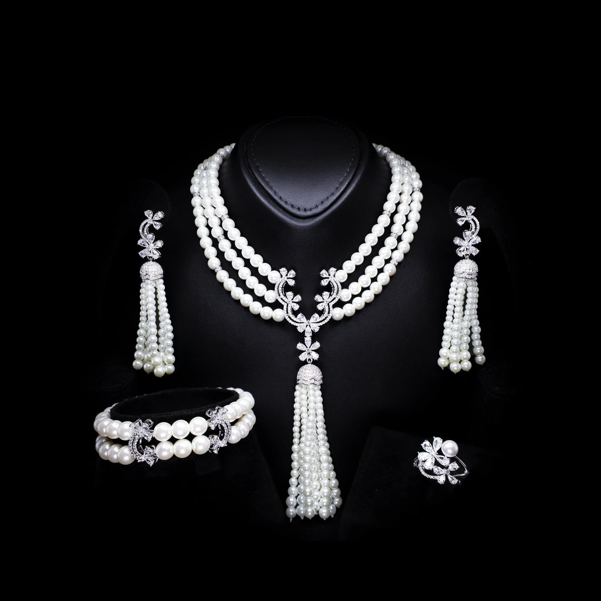 Omnia Sahar multi-layer pearl bridal jewellery set with zircon stones
