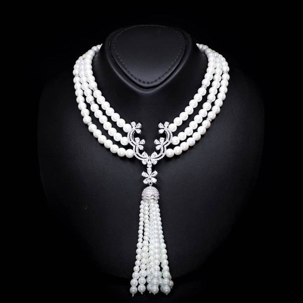 Omnia Sahar multi-layer pearl bridal necklace with zircon stones