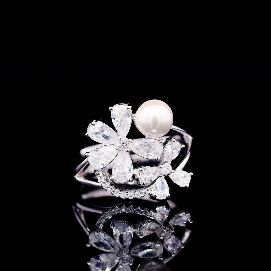 Omnia Sahar pearl bridal ring with zircon stones