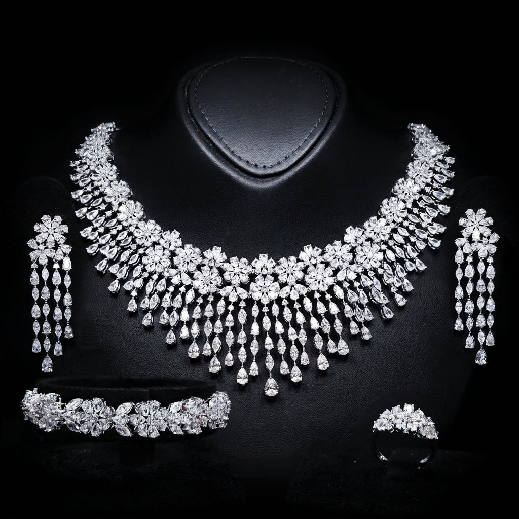 Omnia Seema White full bridal jewellery set with zircon stones and rhodium plating